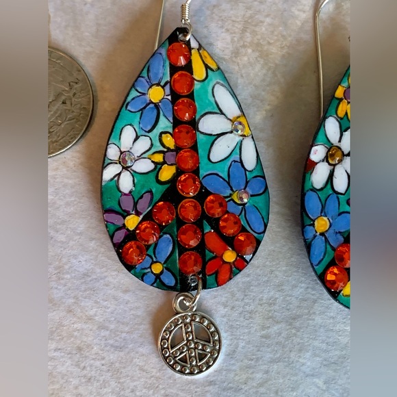 Large peace sign ☮️earrings, handpainted sterling wears OOAK statement piece - Picture 4 of 8